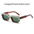 Gafas Y2K con montura de leopardo, brillantes pedrería y lentes en color verde oscuro - Montura Leopardo Lentes Verde Oscuro