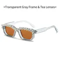 Square Y2K sunglasses in transparent grey frame with orange lenses and rhinestones - Translucent Grey Frame Tea Lens