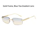 Fashion rimless square sunglasses with gold studded frames and blue-tea gradient lenses - Gold Frame Blue Tea Lens