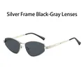 Irregular silver metal frame sunglasses with dark grey lenses and hollow temple detail - Silver Frame Black Grey Lens