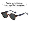 Retro polygon sunglasses featuring tortoiseshell frame with blue temples and grey lenses - Tortoise Frame Blue Temple Black Grey Lens