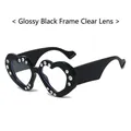 Fashion heart shaped sunglasses in glossy black frame with crystal rhinestone detailing - Glossy Black Frame / Clear Lenses