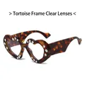 Fashionable heart-shaped tortoise sunglasses with rhinestone trim and clear lenses - Demi Frame Clear Lens