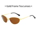 Retro cat-eye sunglasses featuring a slim gold metal frame and brown tea-colored lenses - Gold Frame Tea Lens