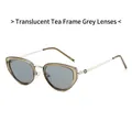 Cat eye sunglasses with transparent tea frame, grey lenses and gold metal temples - Translucent Tea Frame Grey Lenses