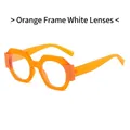 Modern orange geometric round sunglasses with clear lenses and thick resin frames - Orange Frame Clear Lens