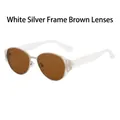 Retro cat-eye sunglasses with silver metal frame and brown lenses with white temples - White Silver Frame Tea Lens