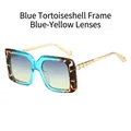 Blue tortoise square sunglasses with gold metal temples and blue-yellow gradient lenses - Blue Hawksbill Frame Blue Yellow Lens