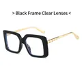 Square black frame sunglasses with golden textured metal temples and clear lenses - Black Frame Clear Lenses