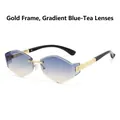 Irregular rimless sunglasses with gold frame and blue-tea gradient lenses for a luxury look - Gold Frame Blue Tea Lens
