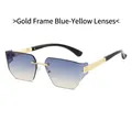 Fashion rimless sunglasses with gold frame and blue-yellow gradient lenses for men and women - Gold Frame Blue Yellow Gradient Lens