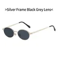 Retro-Sonnenbrille mit ovalem silbernem Metallrahmen und dunkelgrauen Gläsern - Silberner Rahmen Schwarzgraue Gläser