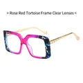 Square fashion sunglasses with colorful rose-red tortoiseshell frames and gold metal temples - Rosy Tortoise Frame / Clear Lens