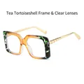 Square tea tortoise shell frame sunglasses with clear lenses and golden metal temples - Tea Tortoise Frame / Clear Lens