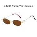 Hexagonal gold metal frame sunglasses with tea lenses and rhinestone details - Gold Frame Brown Lens