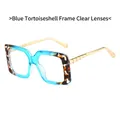 Blue tortoiseshell square sunglasses with gold metal temples and clear lenses - Blue Tortoiseshell Frame Clear Lens
