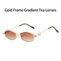 Fashionable gold metal hexagonal sunglasses with gradient brown lenses and rhinestones - Gold Frame Gradient Tea Lens