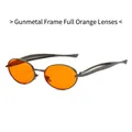 Retro gunmetal metal oval sunglasses with translucent orange lenses for men and women - Gunmetal Frame Orange Lens