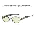 Oval gunmetal metal sunglasses with light green lenses in a vintage minimalist design - Gunmetal Frame Light Green Lens