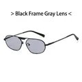 Irregular polygon sunglasses with black metal frame and grey lenses in flat lay view - Black Frame Grey Lens