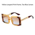 Lunettes léopard carrées avec branches chaîne dorée et verres dégradés bleus - Monture Léopard Jaune Verres Marron Bleu