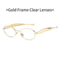 Oval gold metal sunglasses with clear lenses and streamlined tapered temples - Gold Frame White Lens