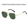 Square frame sunglasses with hollow gold metal frame and olive green lenses - Gold Frame Olive Green Lenses