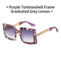 Square purple pattern sunglasses with gradient grey lenses and gold chain temples - Purple Tortoise Frame Gradient Grey Lens