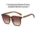 Tea-colored square sunglasses with gradient lenses and silver metal temple accents - Transparent Tea Frame Gradient Tea Lens