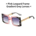 Pink leopard square sunglasses with gold chain temples and gradient grey lenses - Pink Leopard Frame Gradient Gray Lens