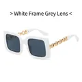 Square oversized sunglasses featuring white frames and gold chain metal temples - White Frame Dark Grey Lens