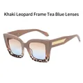 Eckige Katzenaugen-Sonnenbrille in Khaki-Leopard mit Teeblau-Verlaufsgläsern und Goldbügel - Khaki Leopardenrahmen Braun Blaue Gläser
