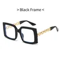 Classic black square sunglasses featuring elegant gold metal chain temples for women - Black Frame Clear Lens