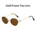 Retro round gold metal sunglasses with brown lenses and tortoiseshell temple tips - Gold Frame Tea Lens