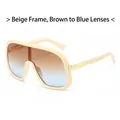 Fashionable oversized one-piece sunglasses with cream frame and tea-blue gradient lenses - Beige Frame Brown Blue Lens