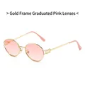 Fashionable round metal sunglasses featuring a gold frame and gradient pink lenses - Gold Frame Gradient Pink Lens