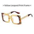 Square leopard print oversized sunglasses with gold metal chain temple design - Yellow Leopard Frame Clear Lens