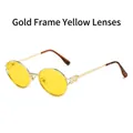 Retro round metal sunglasses with gold frame and yellow lenses and cutout details - Gold Frame Yellow Lenses