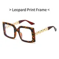 Leopard print square sunglasses featuring distinctive gold metal chain design temples - Leopard Frame Clear Lens