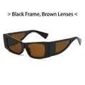 Square black sunglasses with thick frames and brown lenses featuring hollowed temples - Black Frame Tea Lens
