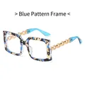Chic oversized square sunglasses featuring blue tortoise frames and gold chain temples - Blue Pattern Frame Clear Lens