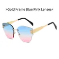 Frameless gold sunglasses with blue-pink gradient lenses and elegant metal rivets - Gold Frame Gradient Blue Pink Lens
