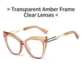 Lunettes œil de chat avec monture thé transparente, branches dorées et verres clairs - Monture Thé Translucide Verres Transparents