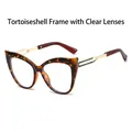Lunettes œil de chat monture écaille avec branches en métal doré et verres clairs - Monture Demi Verres Transparents