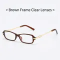 Retro small square tea brown frame sunglasses with golden metal hollowed temple design - Tea Frame Clear Lens