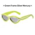 Retro neon green oval sunglasses with silver mirror lenses in a Y2K futuristic style - Green Frame White Mirror