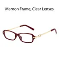 Retro rectangle sunglasses with dark red frame and gold metal temples for women - Bordeaux Frame Clear Lenses