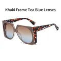 Khaki square oversized sunglasses with marble temples and gradient tea blue lenses - Khaki Frame Tea Blue Lens