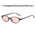 Oval translucent grey frame sunglasses with pink lenses and gold heart temple detail - Transparent Grey Frame Pink Lens