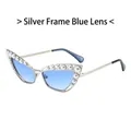 Silver metal cat eye sunglasses with blue gradient lenses and pearl frame trim - Silver Frame Blue Lens
